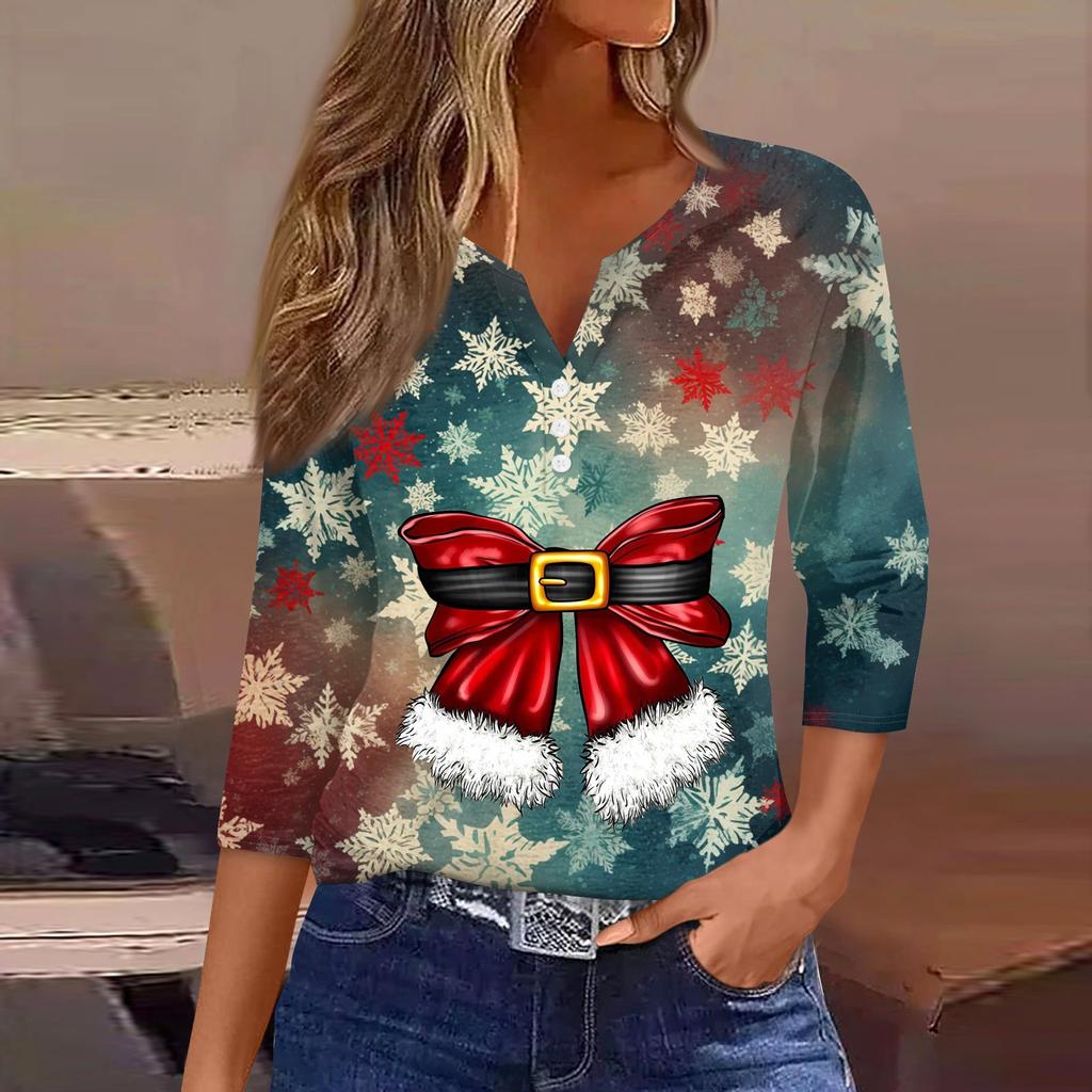 Женская рубашка с рукавом семь дюймов, напечатанная в стиле ретро, повседневная, свободная, с V-образным вырезом, рождественская