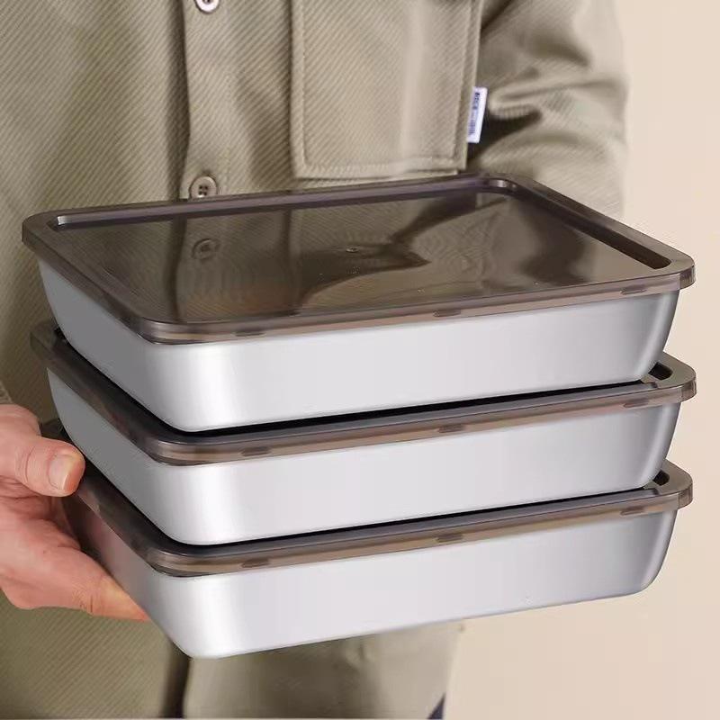 Stainless Steel Rectangular Food Storage Container with Lid for Fresh-Keeping, Hot Pot, and Picnic.