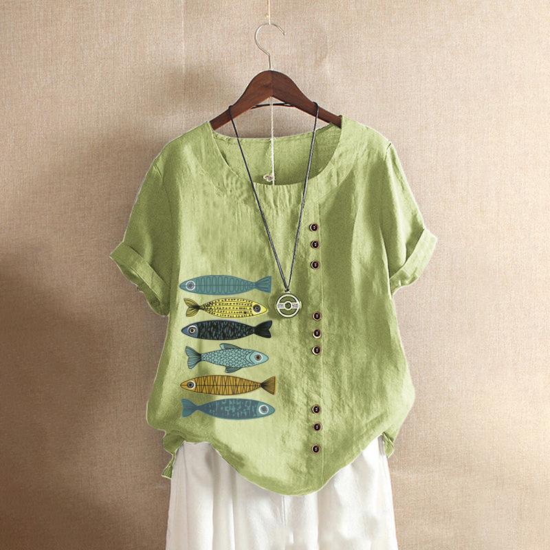 Женские хлопковые льняные блузки, летние рубашки с круглым вырезом и коротким рукавом, винтажные свободные с цветочным принтом
