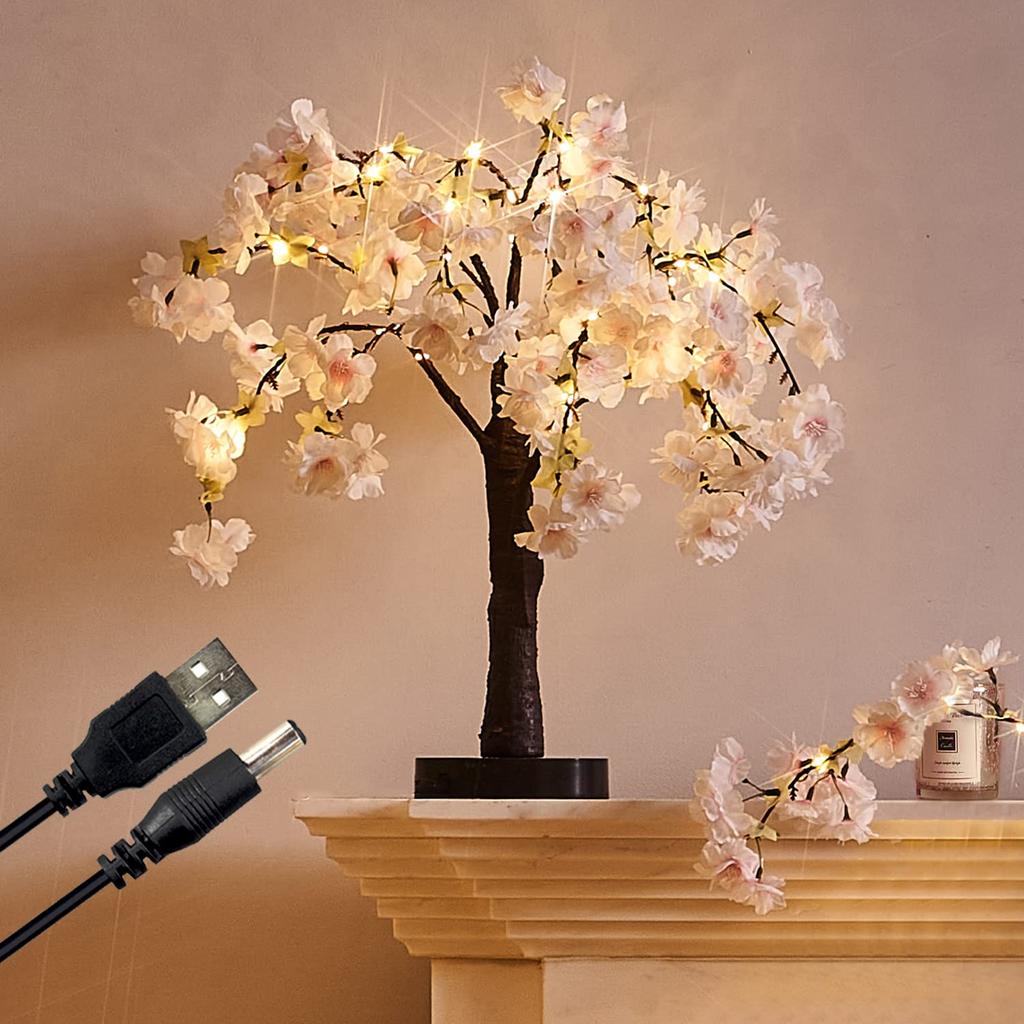 Hairui Sakura Light, Artificial Flower Tree, 40 LEDs, Illuminating Cherry Blossom Flowers, USB Powered, Timer Included, Stylish