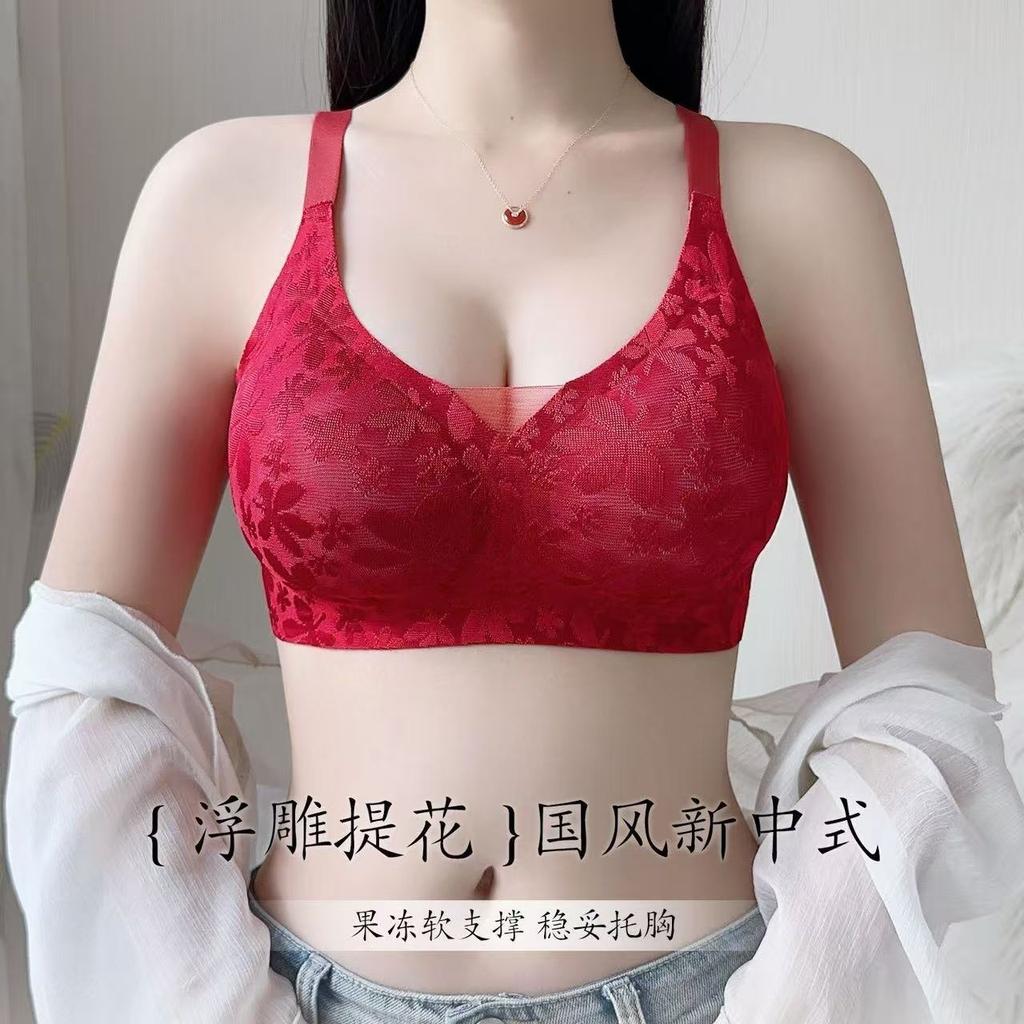 Oudifen high-end relief jacquard Chinese style new Chinese style large chest gathered full cup lace seamless and steel ring sexy bra