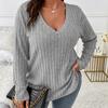 Autumn and Winter Solid Color Plus Size Women's Top V-Neck Long Sleeve Pit Sanding T-Shirt Loose Pullover