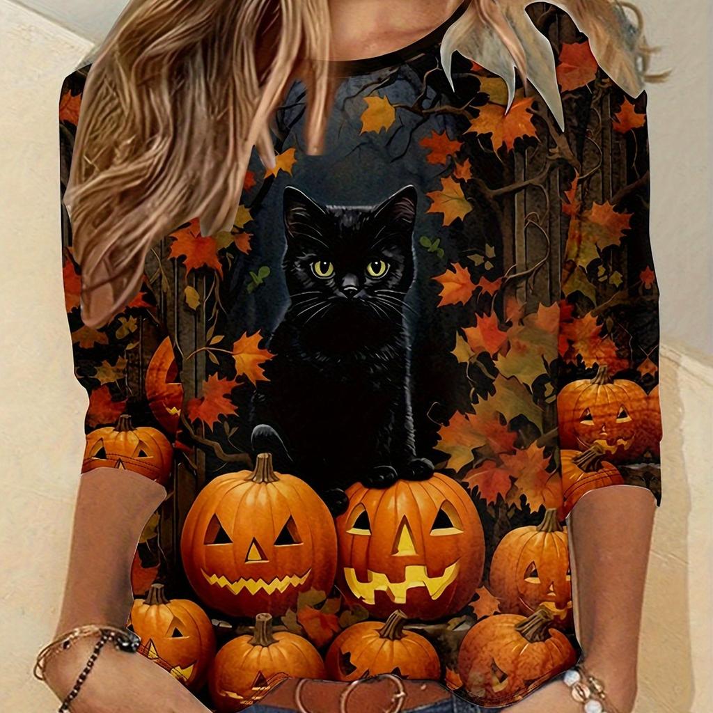 Футболка с принтом тыквы больших размеров, повседневный топ с круглым вырезом и длинными рукавами для весны и осени, женская одежда больших размеров