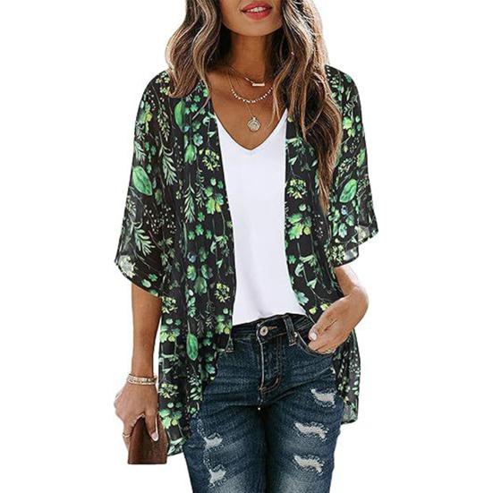 Women Beach Shirt 45720 Sleeve Mid-length Sunscreen Tops Floral Print Breathable Loose Fit Beach Shawl