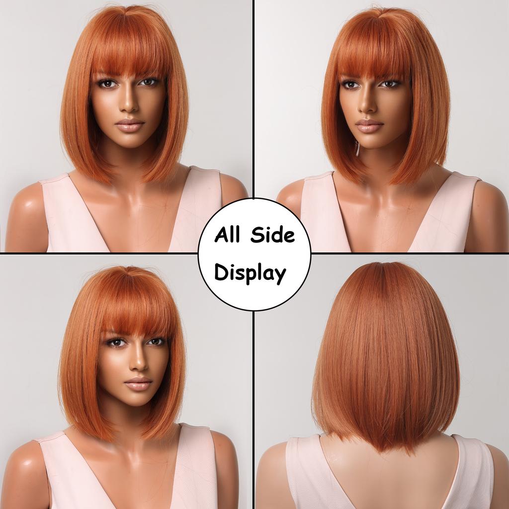 Короткие прямые синтетические парики Рыже-коричневый парик Боб с челкой для женщин Косплей Ежедневный парик из натуральных волос Термостойкое волокно