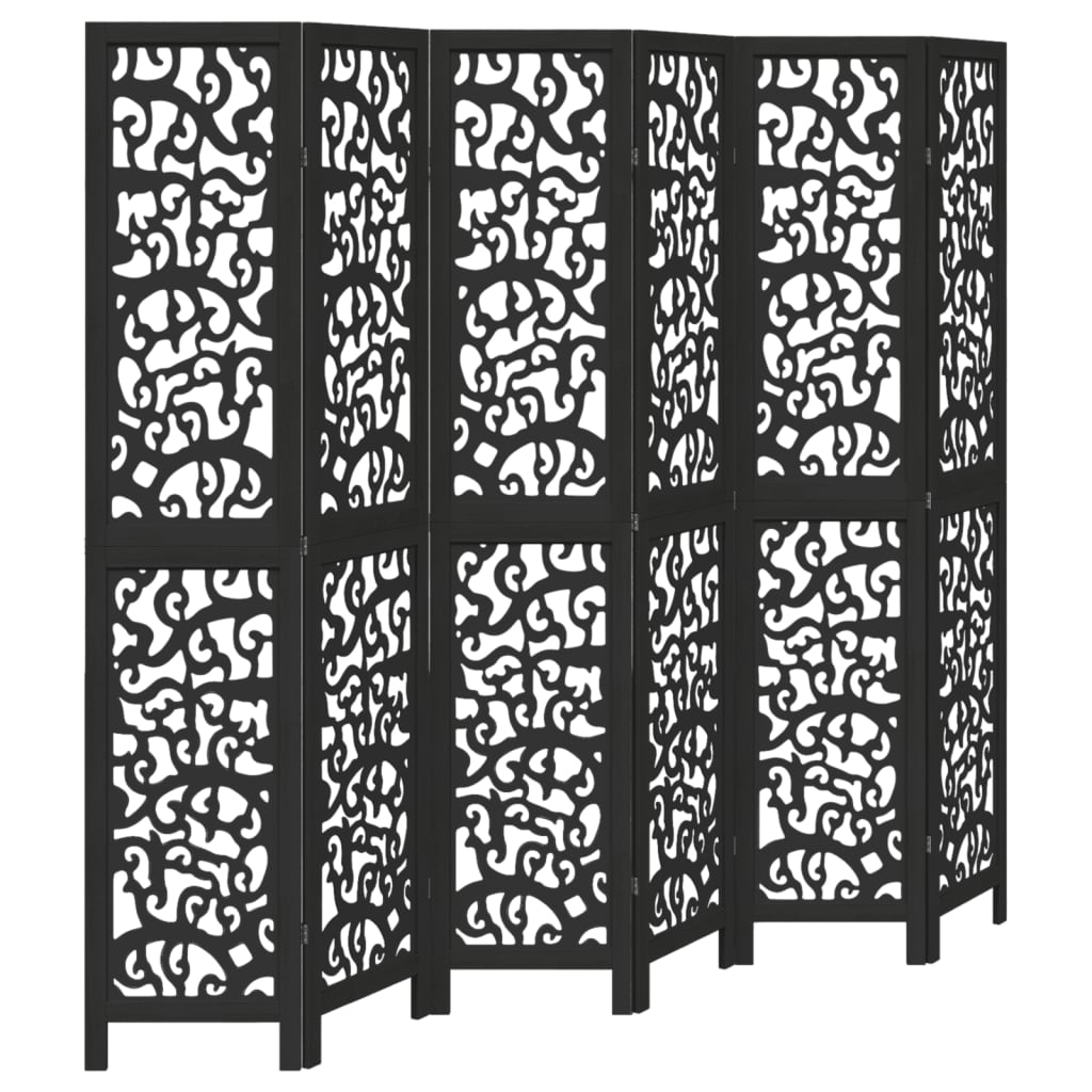 6 Piece Black Solid Wood Folding Screen Paulownia