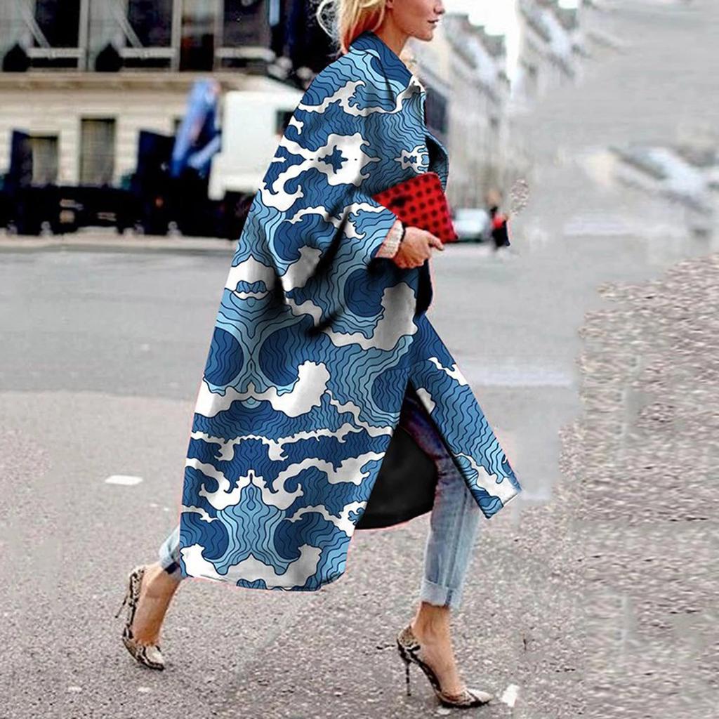 Модная женская карманная куртка с принтом, верхняя одежда, кардиган, пальто, длинный плащ