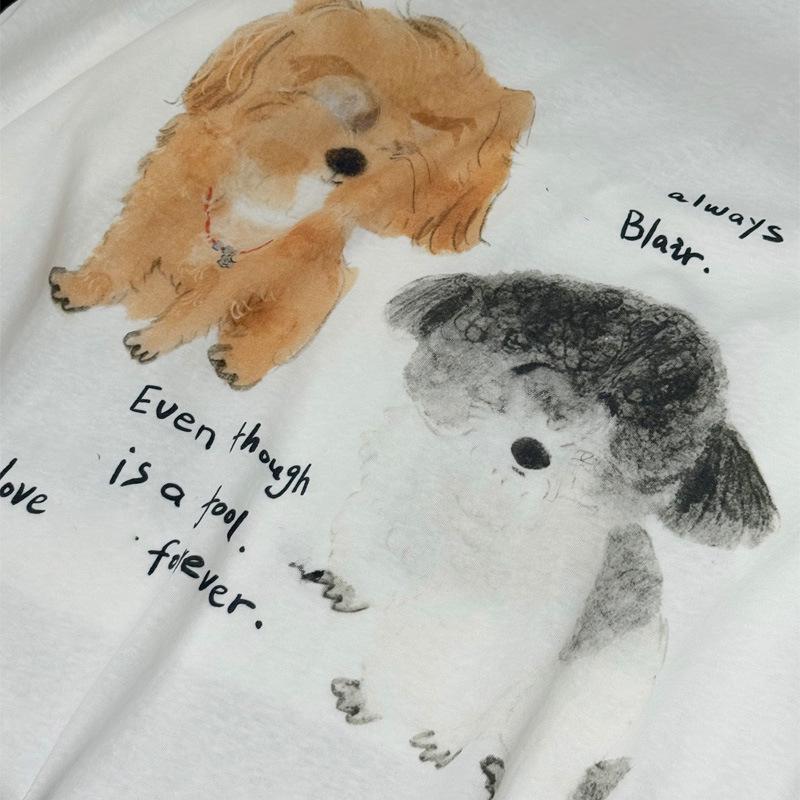 ID25 Ранняя осень Принт щенка Подвернутый край Длинный рукав Свободный пуловер