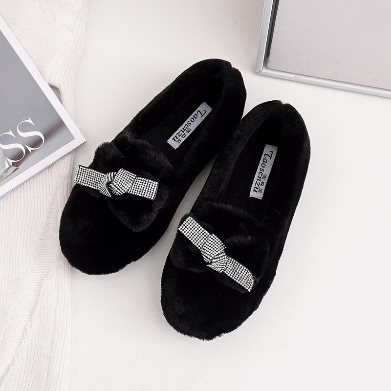 Модные женские мокасины с кристаллами и мехом, зимние мокасины с бантом, теплые туфли на плоской подошве с круглым носком, криперы, плюшевые, удобные, меховые, хлопковые туфли для женщин