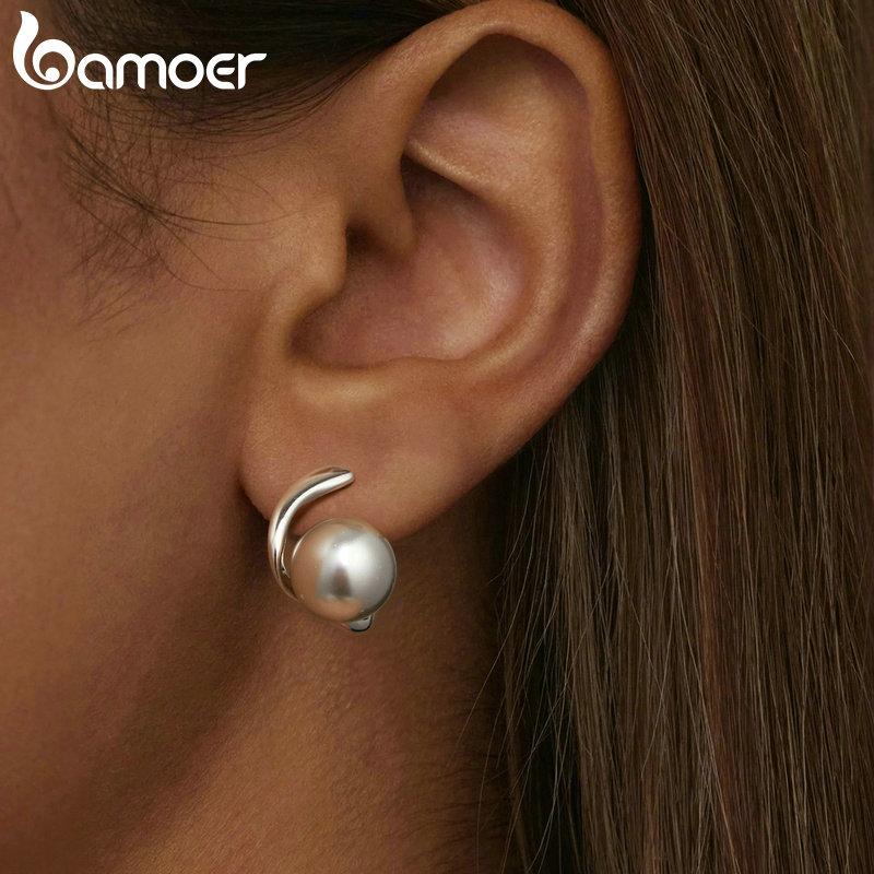 BAMOER, стерлинговое серебро 925 пробы, качество, жемчуг, пряжки для ушей, элегантные серьги-кольца для женщин, помолвочные, свадебные, ювелирные украшения, подарок