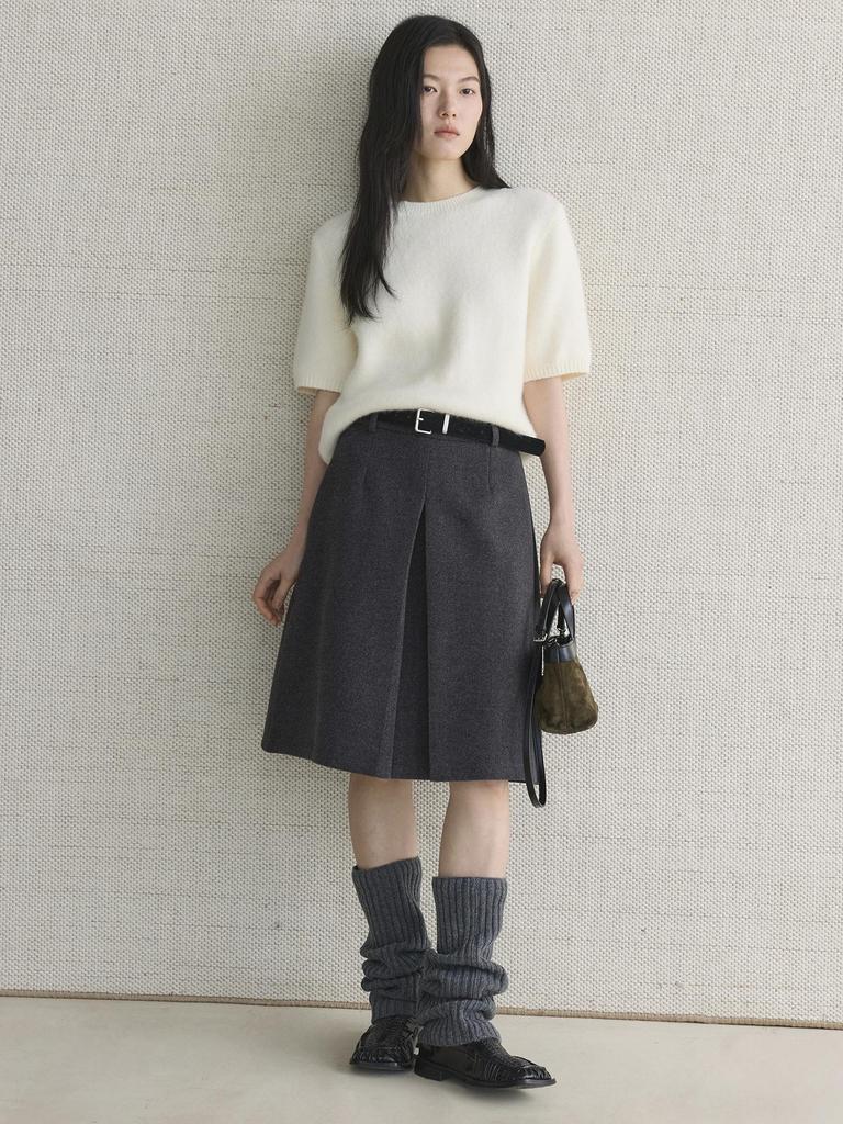 Xu Man Retro Korean Pleated Wool Midi Skirt for Women