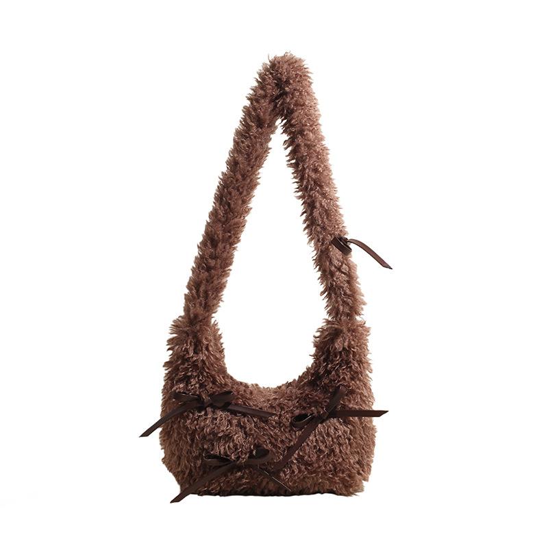 Autumn And Winter Plush Bow Messenger Bag Women'S Sweet Girl Shoulder Bag Trendy Fashion Cloud Bag
