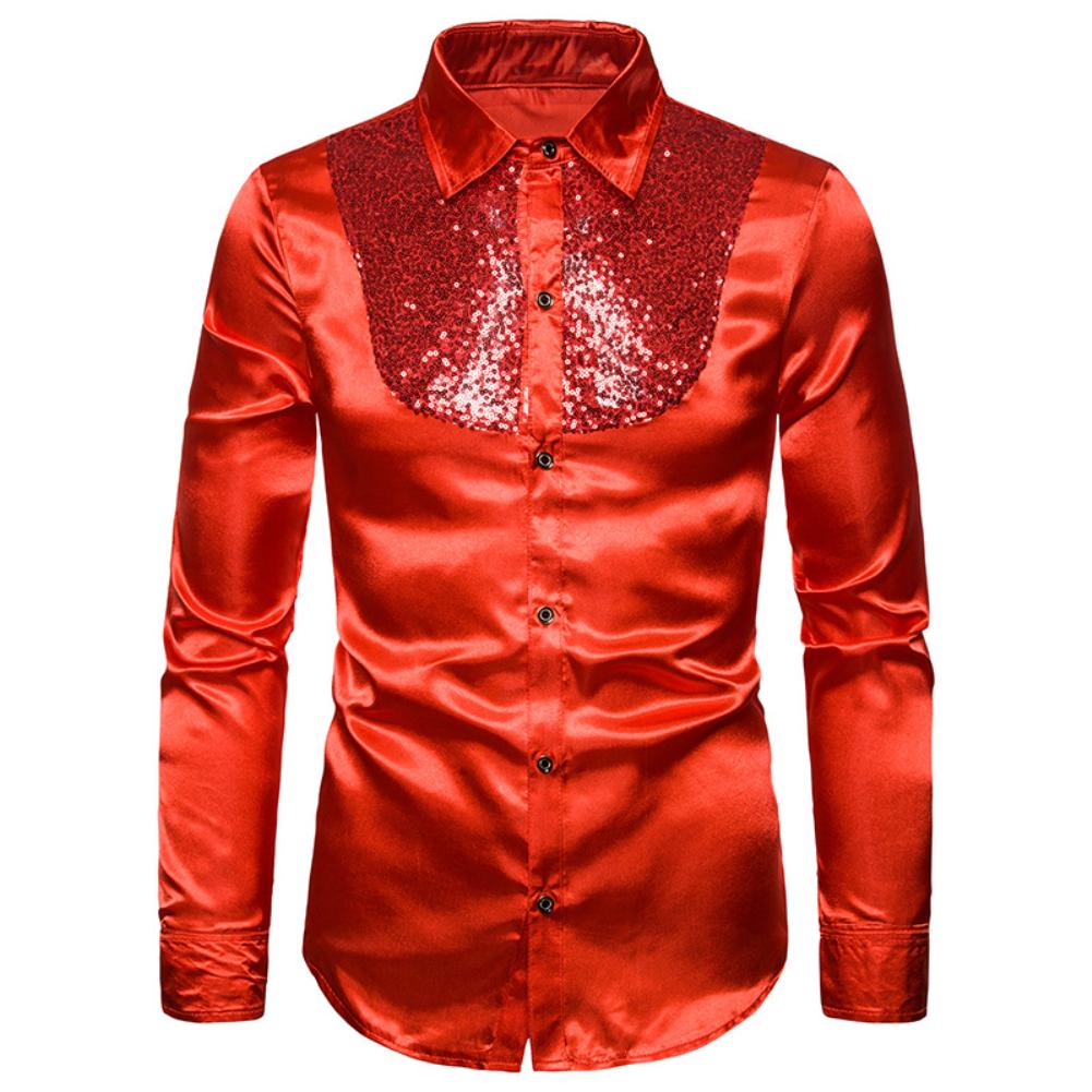 Men Solid Color Long Sleeve Shiny Sequins Buttons Stage Business Nightchlub Shirt