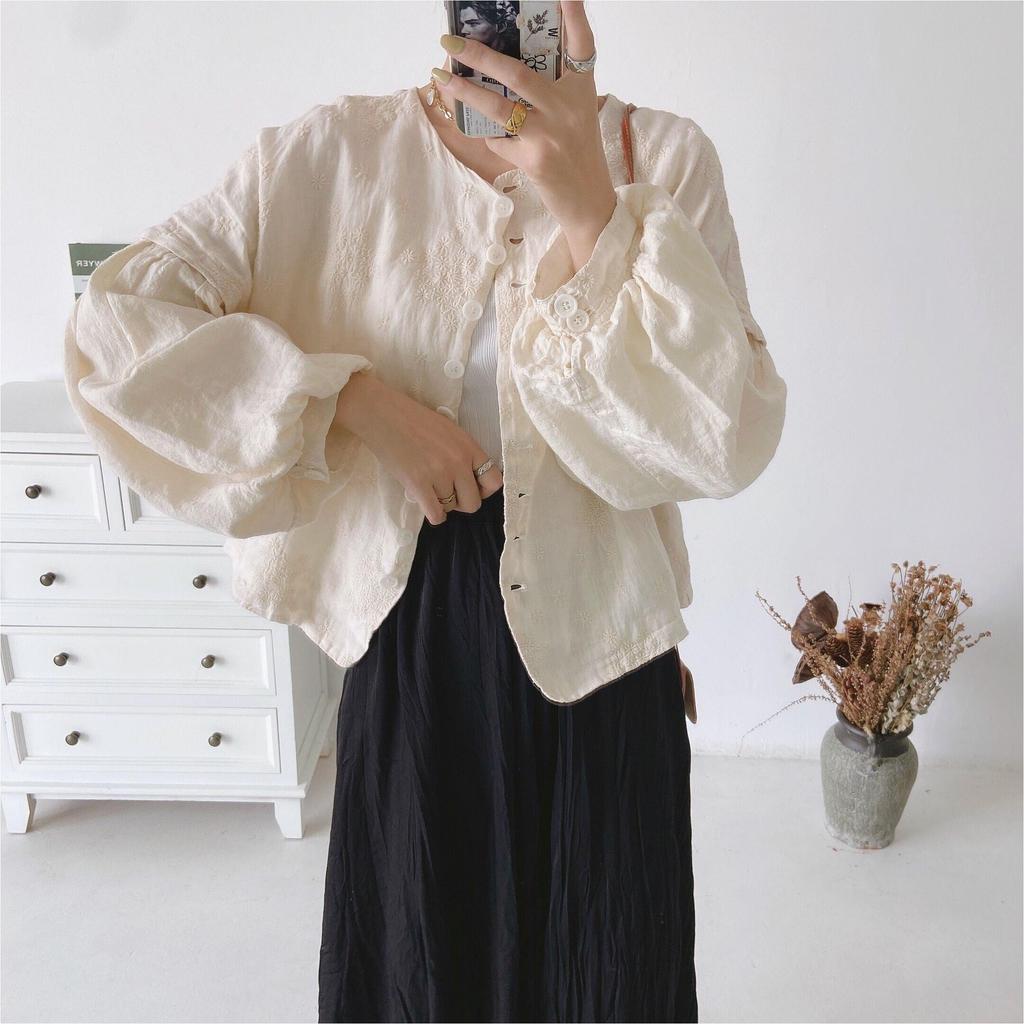 Johnature Осенние льняные винтажные свободные женские куртки с вышивкой и рукавами-фонариками, однобортные однобортные пальто