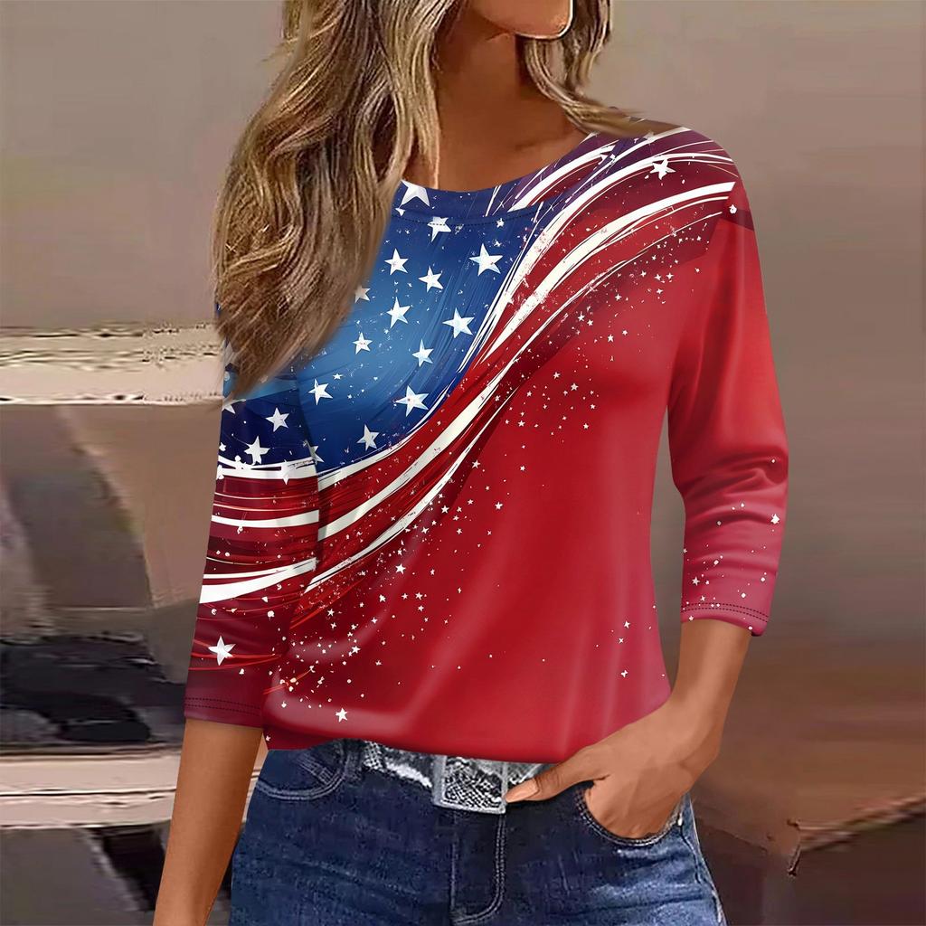 Women’s Long Sleeve Crewneck Top with Printed Star and Stripe Pattern Casual Loose Fit Pullover Shirt for Everyday Wear