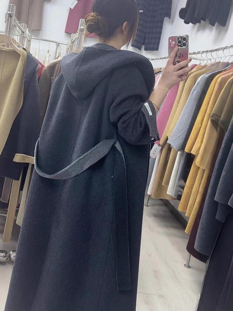 Женское очень длинное двустороннее шерстяное пальто с капюшоном, поясом и большим лацканом, утолщенный кашемир, свободный и темпераментный стиль