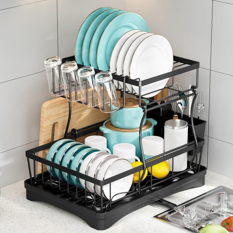 Stainless Steel Dish Drying Rack Kitchen Sink Counter Double Layer Utensil Organizer Bowl Cup Storage
