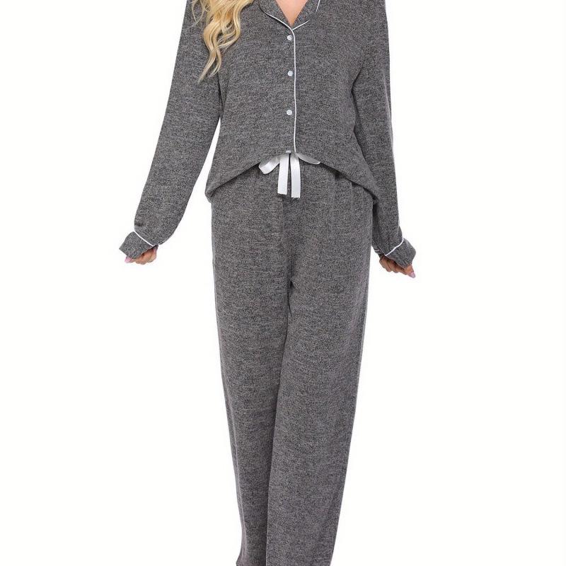 Женская пижамная рубашка с длинным рукавом - Повседневная на пуговицах