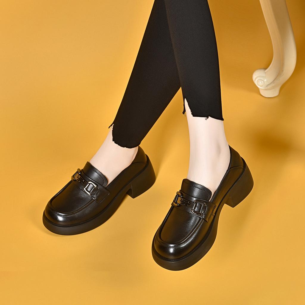 Thick-soled Women's Autumn College Style Metal Buckle Muffin and Small Leather Shoes, One Pedal Single Shoes