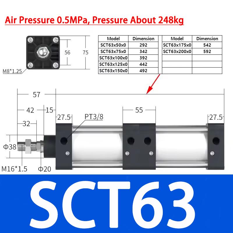Пневматический цилиндр с множителем силы SCT SCT 50/63/80/100/125 Стандартный Регулируемый ход Многопозиционный Высокое усилие