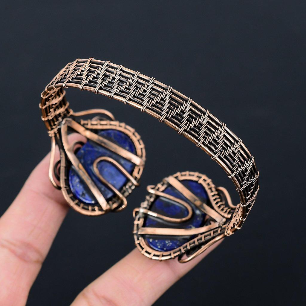 Lapis Lazuli Gemstone Pure Copper Wire Wrapped Handmade Cuff/ Bangle Adjustable Jewelry