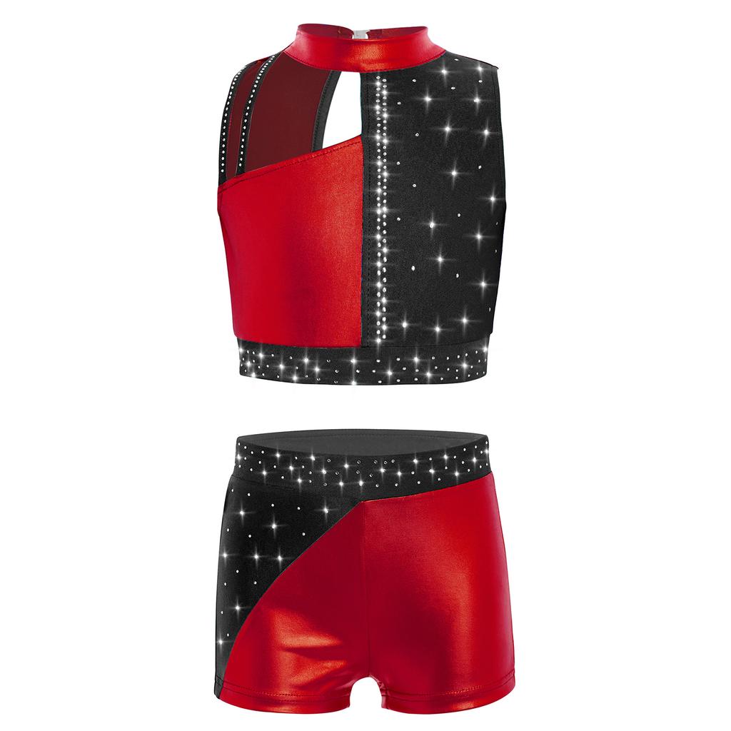 Girls Rhinestones Crop Top Mock Neck Sleeveless Metallic Color Block Shorts Dance Gymnastics Outfit