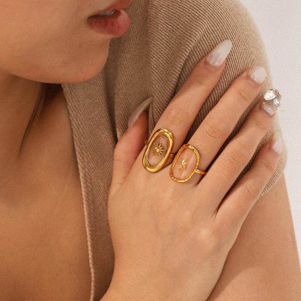 European-American Luxury Open Ring: 18k Gold-Plated Stainless Steel with Epoxy Sun Design for Women