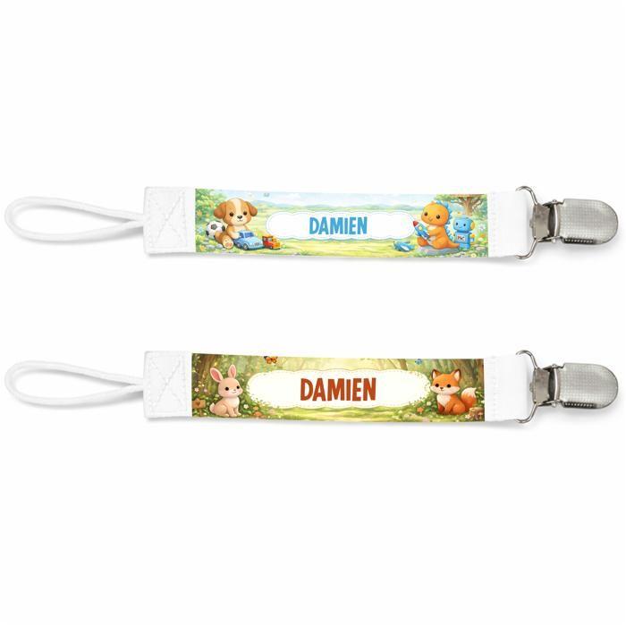 Planetee Lot de 2 Attaches Tétine pour Damien Animaux Mignons - Attache Sucette Personnalisée Bébé Garçon Cadeau Naissance