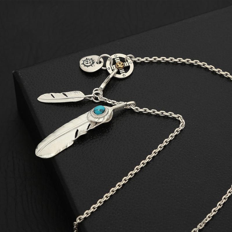 S925 Sterling Silver Jewelry Thai Silver Takahashi Goro Classic Feather Inlaid Turquoise Sweater Pendant