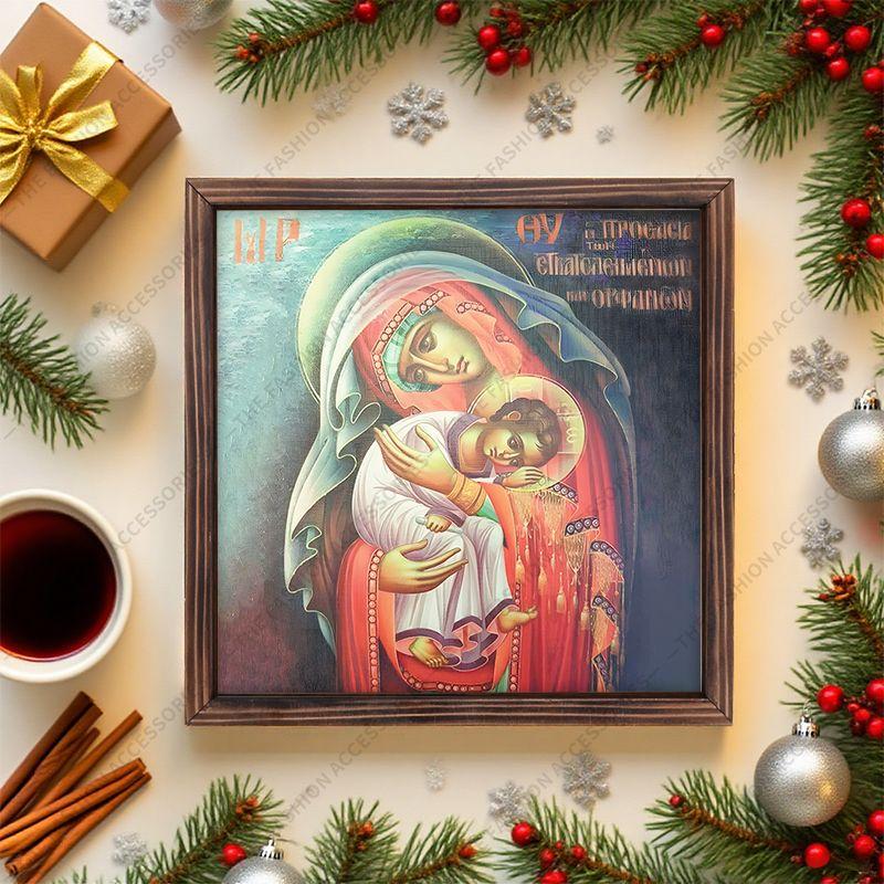Декоративная роспись православных икон, Освященная икона "Защитница смелых и покинутых", Роспись фоторамки, Христианское настенное искусство, 20см*20см, подарок