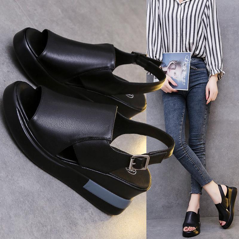 New Summer Thick-soled Wedge Heel Leather Sandals Women's Fashion Rear Empty Soft Leather Fish Mouth Shoes Heightening Muffin Shoes