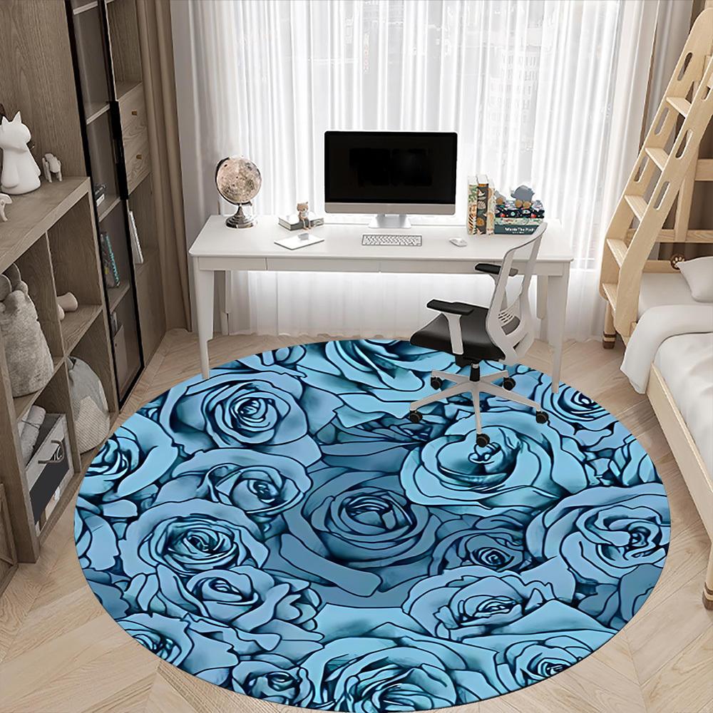 1pc Blue Roses Floral Office Round Area Rug, Indoor Mat Suitable For Office, Under Office Chairs Bedroom Living Room Home Decor, Room Deco