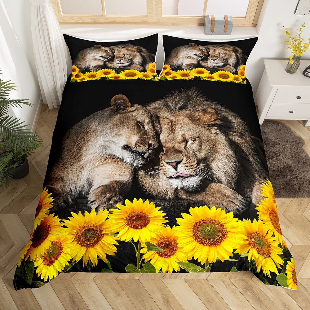 Lion Rose Duvet Cover Sets King Size Animal Floral Print Polyester Comforter Cover Nature Theme Bedding Set for Kids Adult Teens