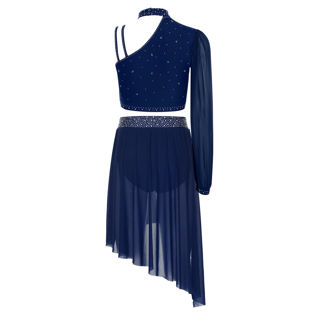 Женский костюм для лирического танца Блестящий асимметричный кроп-топ со стразами, шорты с высокой талией, костюм с шифоновой юбкой