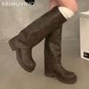 Зимние женские высокие сапоги Кожаные туфли на среднем каблуке Сапоги до колена Массивные Модные Мотоциклетные сапоги Зимний тренд 2024 Готические Botas De Mujer