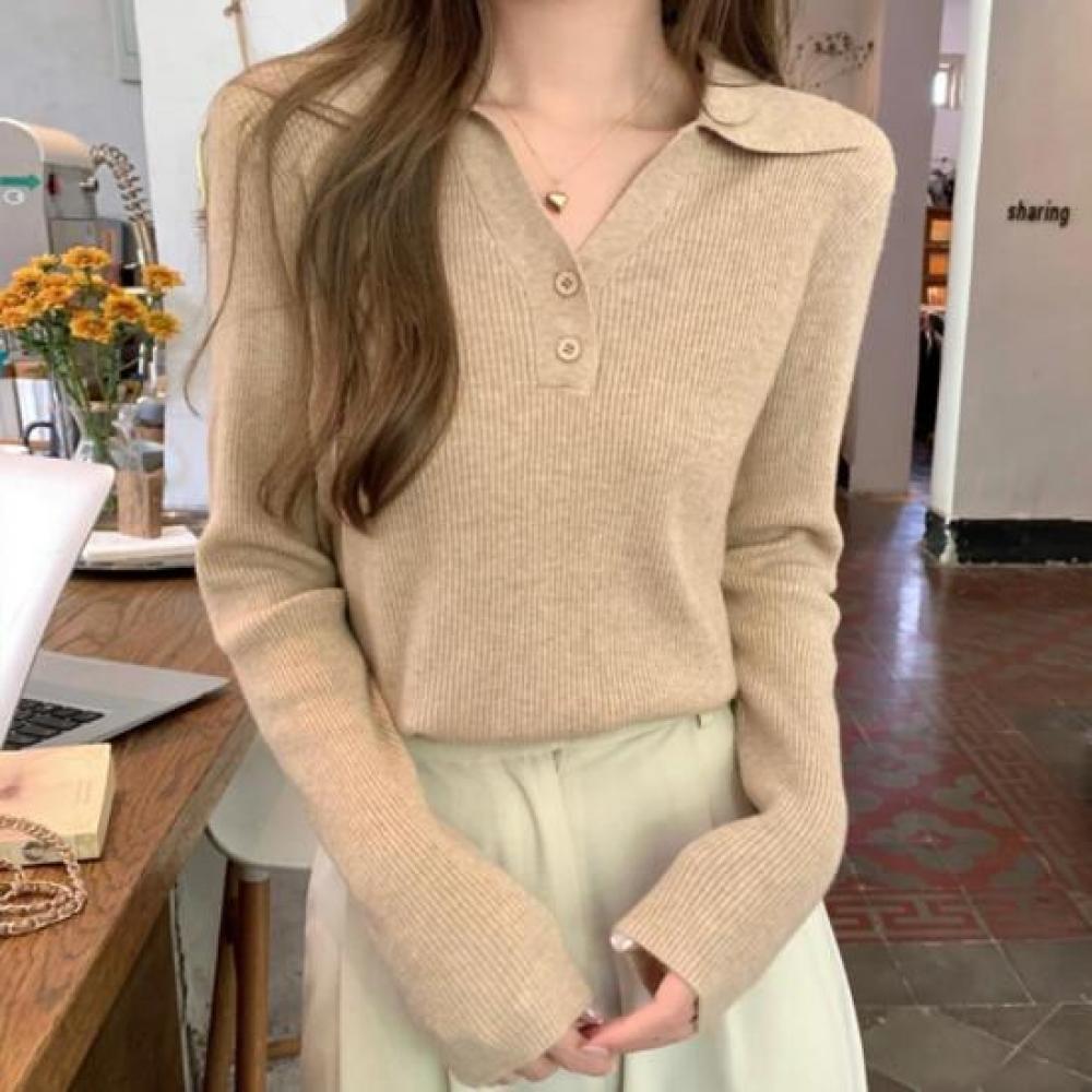 New ArriVals Open Run Casual Rib V Neck BuTTon Big Collar KniT T shirT