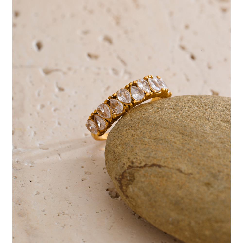 Yhpup Size 7 Stainless Steel Cubic Zirconia Gold Color Ring for Women Temperament Shiny Trending Fashion Charming Jewelry Gift