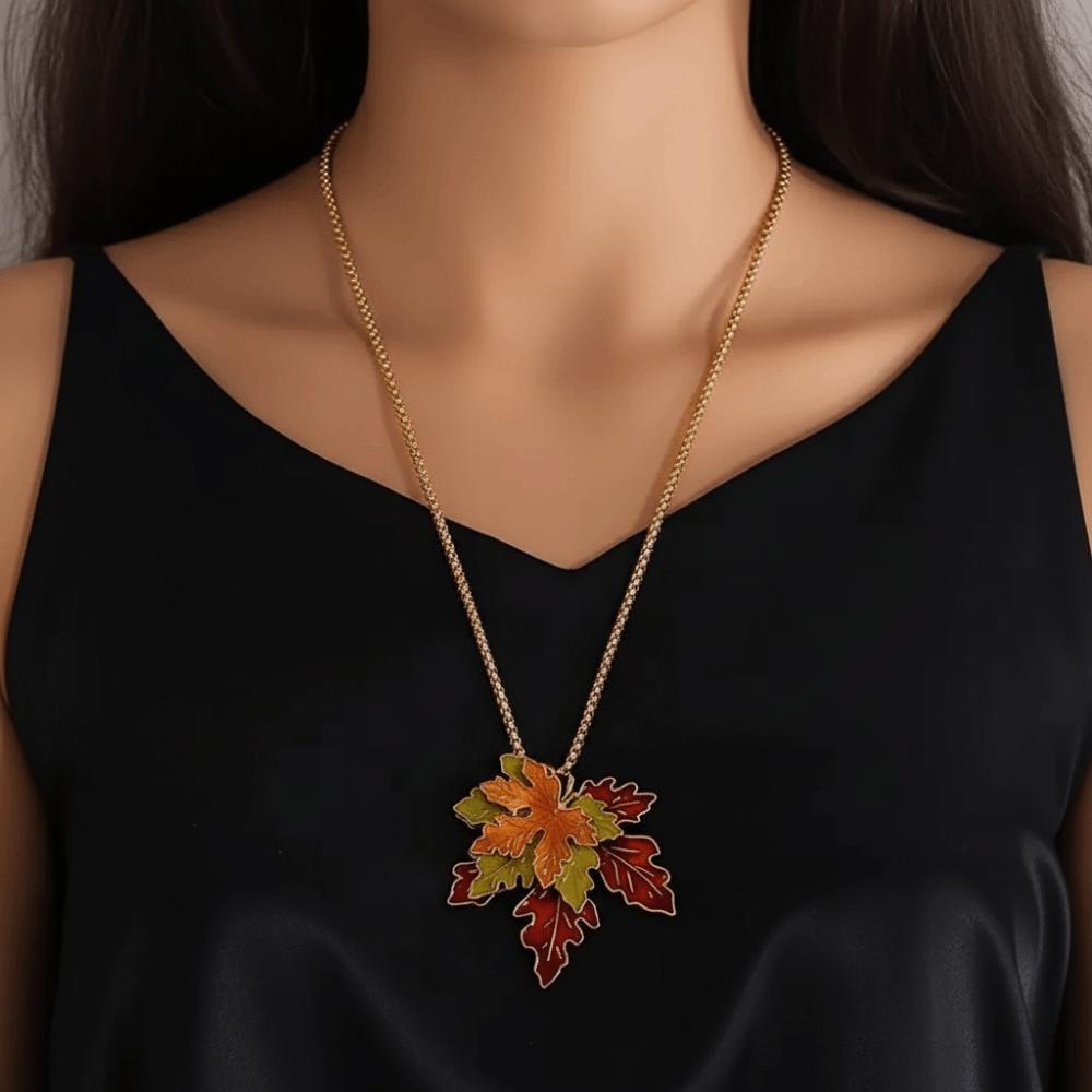 Oil Drop Maple Leaf Necklace Alloy Leaf Long Chain Retro Sweater Chain  Outdoor