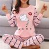 Autumn Thin 2pieces Pyjamas Set Women Cotton Round Neck Girls Bear Pajamas Sets Teacup Cat Full Sleepwear Tops Pajama