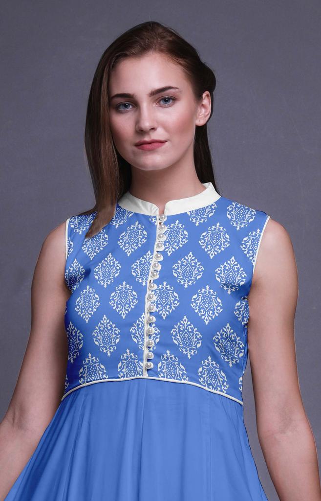 Bimba Синее дамасское индийское курти для женщин, готовое платье Anarkali с принтом, индийское курти