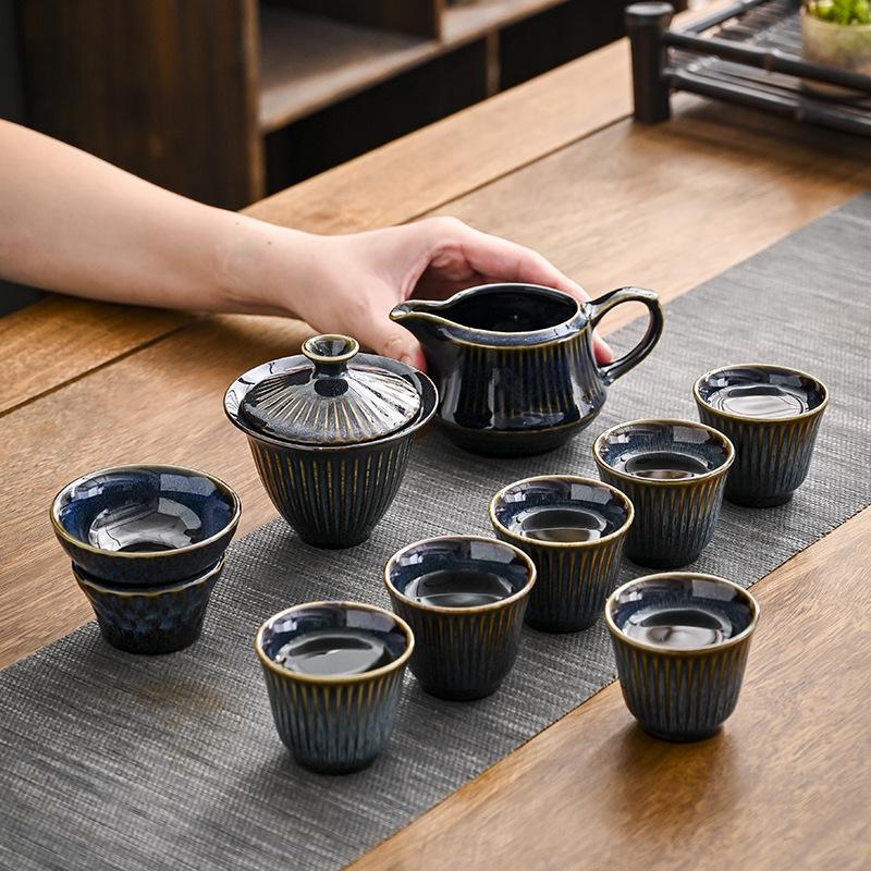 Jun kiln change gold silk ten head tea set household ceramic teapot gift box business gift kiln change glaze