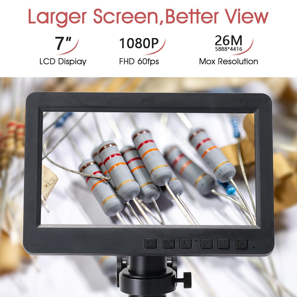 HAYEAR 26MP 7 Inch Screen Digital Microscope Camera Set with Microphone Arm Stand and 150x Suitable for Scientific Jewelry PCB Lens, Education,