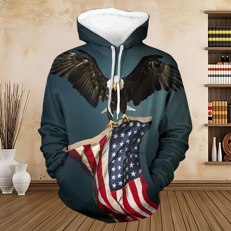 Hoodies Men's Bald Eagle with American Flag 3D Printed Vintage Fashion Oversized Sweatshirts Pullovers Hooded Tracksuit Clothing