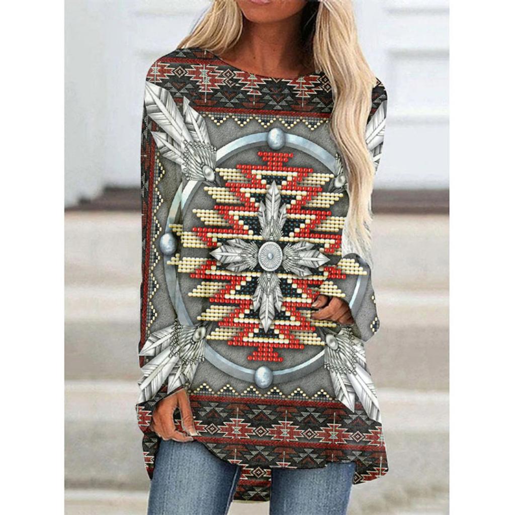 Футболки с длинным рукавом с принтом Western Aztec Ethnic 3D, богемные женские винтажные модные футболки, свободные уличные женские футболки, топы