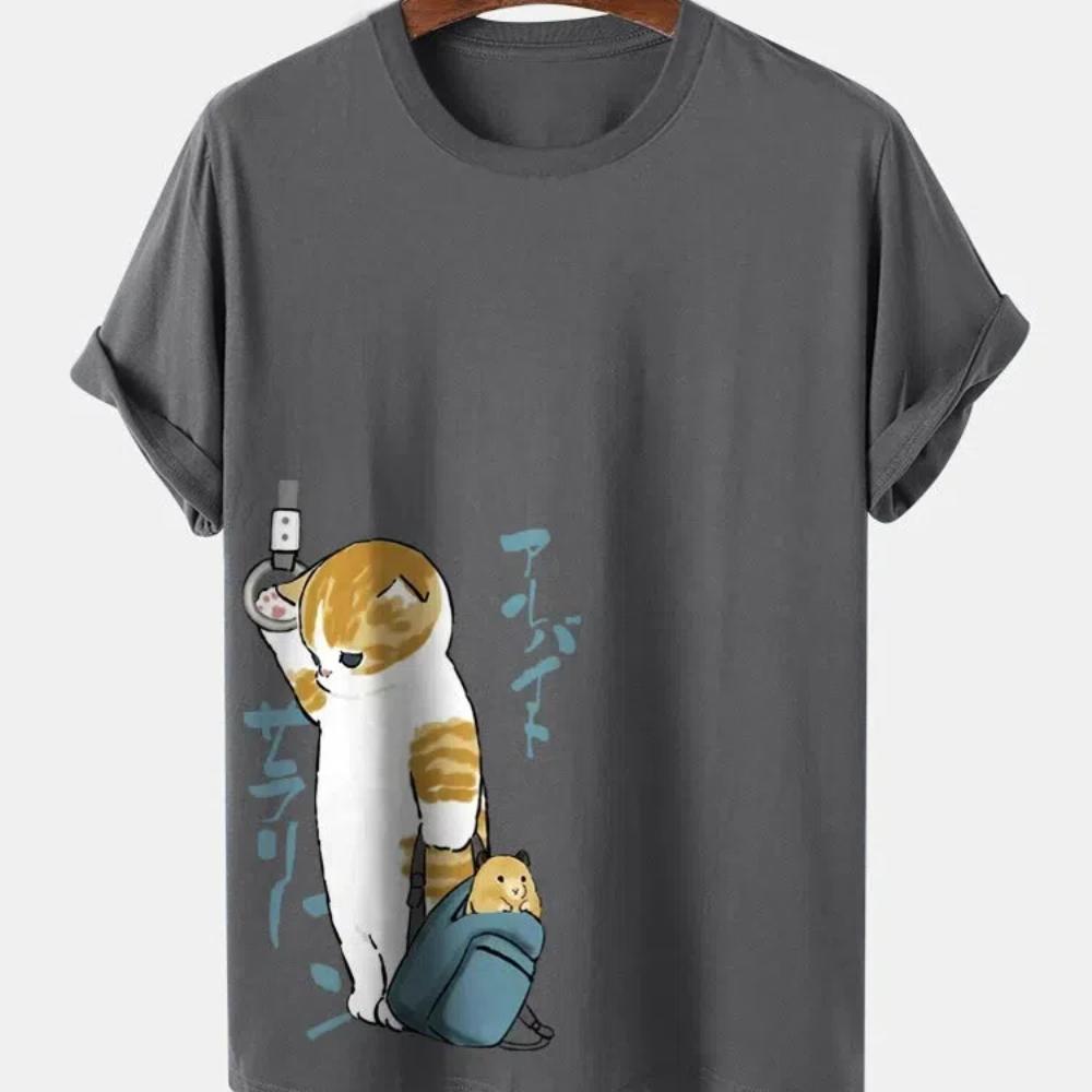 Мужская футболка с рисунком кота в японском стиле, футболки с принтом кота, повседневная свободная футболка с короткими рукавами, мужская одежда больших размеров, топы, новинка лета