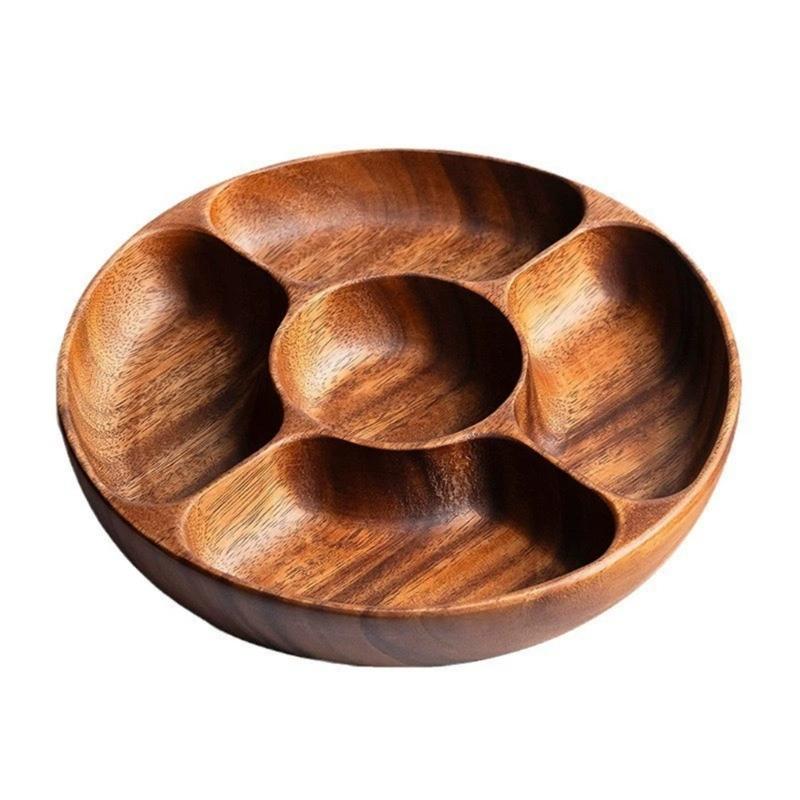 Wood Divided Serving Tray Appetizer Platter Snacks Tray with Dining Grid Round Serving Dishes Nut Holder Platters