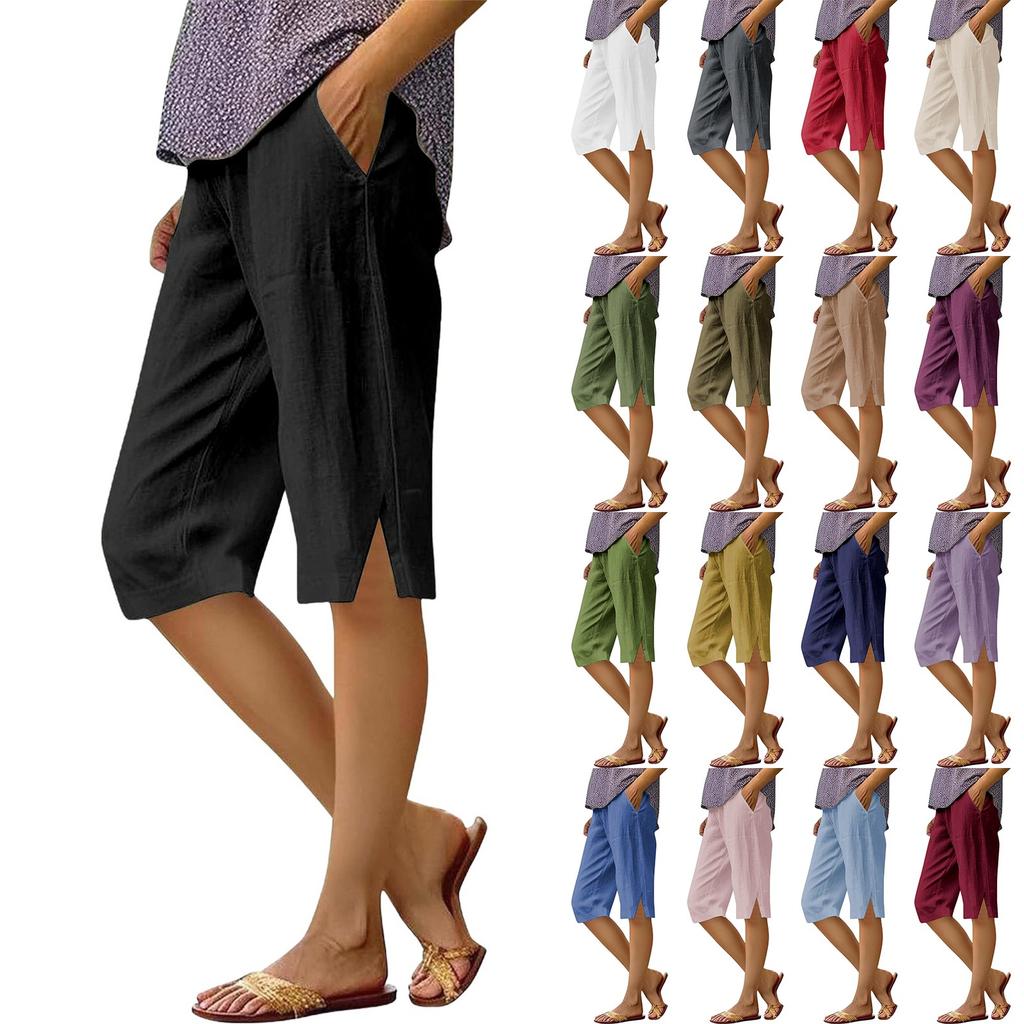 Женские модные однотонные свободные брюки с карманами и эластичной талией из хлопка и льна, повседневные брюки Five