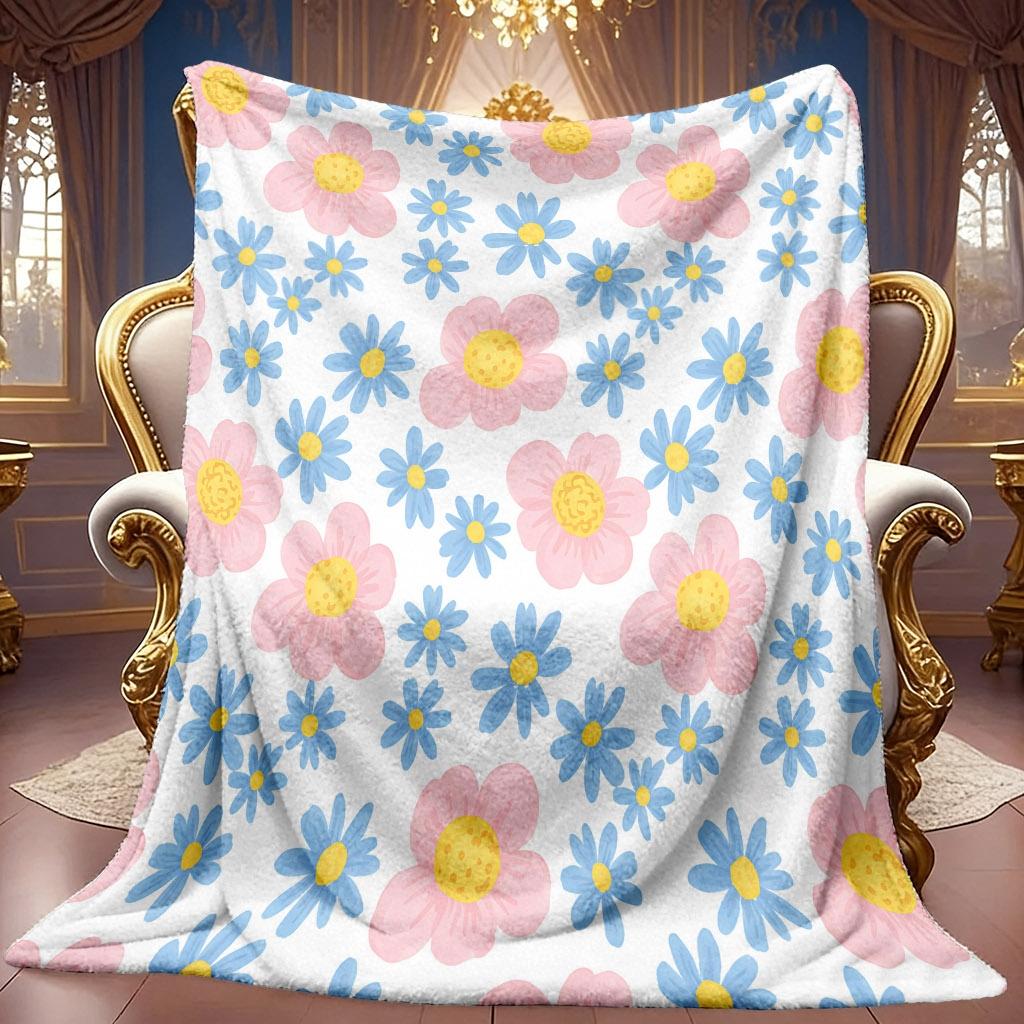 1pc 2D Pink Blue Small Floral Theme Pattern Flannel Blanket, Soft HD Digital Print, Cooling Blanket All-Season Use! Soft And Breathable 100% Polyester