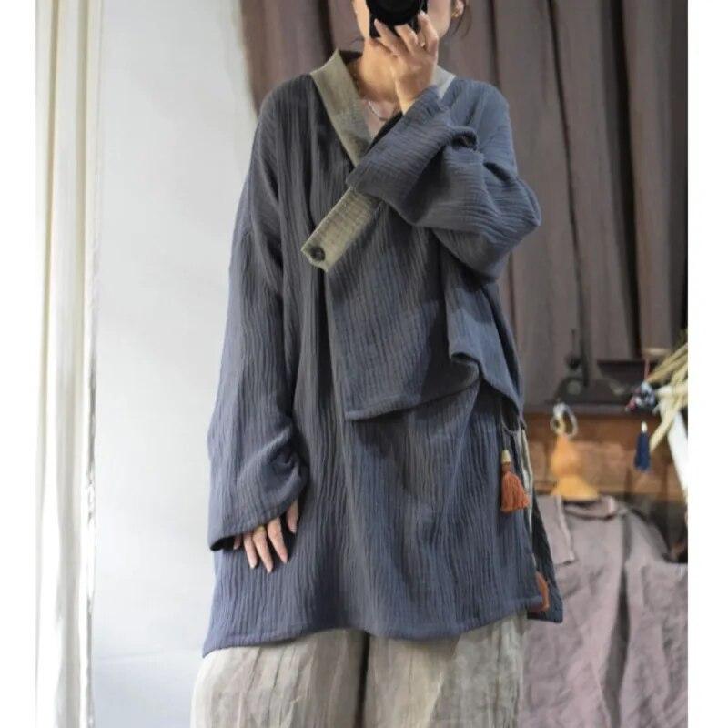 Johnature Рубашка в китайском стиле, осенняя женская модная винтажная однотонная свободная повседневная рубашка