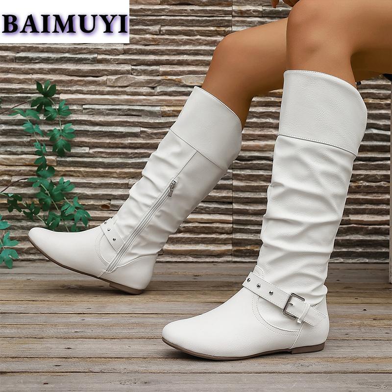 Мода Балетки Женские Сапоги до колена Модная обувь Тренд 2025 Зима Новые Плиссированные Кожаные Челси Сапоги Молния Повседневная Ходьба Женские Ботинки